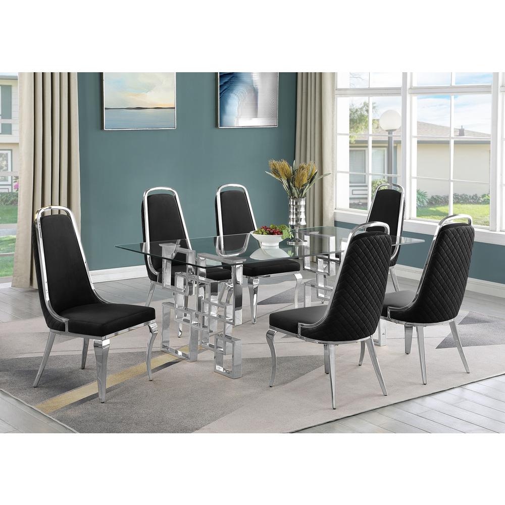7-piece glam dining set with  6 Black side chairs and one 79" glass dining table