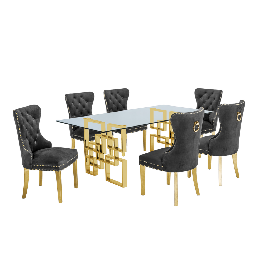 Classic 7 Piece Dining Set With Glass Table Top & Stainless Steel Legs w/Ring Handle, Dark Grey