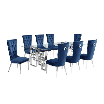 9-piece glam dining set with 8 navy blue chairs and a 95" long glass  table