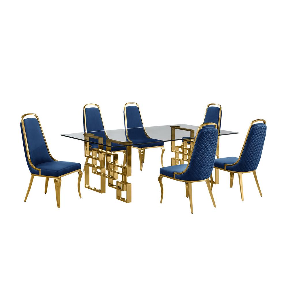 7-piece glam dining set with 6 Navy blue chairs and one 95" glass dining table