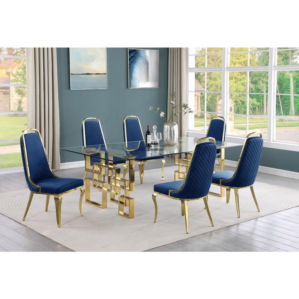 7-piece glam dining set with 6 Navy blue chairs and one 95" glass dining table