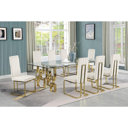 9-piece glam dining set with 8 Cream chairs and one 95" glass  table