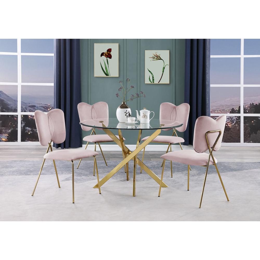 5pc dining Set- Round tempered glass dining table with 4 Pink velvet chairs