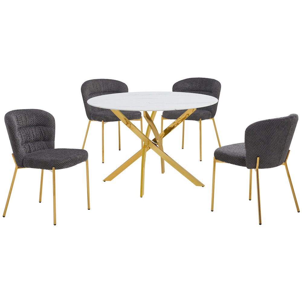Round White Marble Wrap Glass Ding Table With 4 Dark Grey Side Chairs