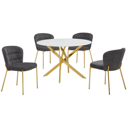 Round White Marble Wrap Glass Ding Table With 4 Dark Grey Side Chairs