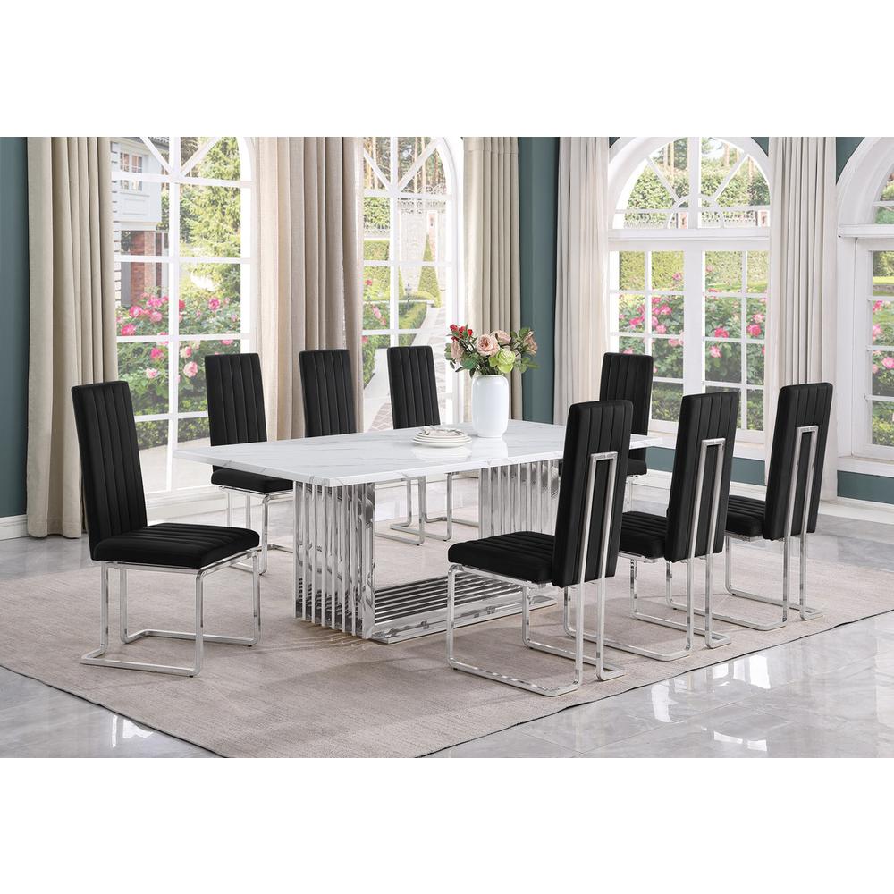 9pc Large(79") marble top dining set with silver base and 8 Black side chairs