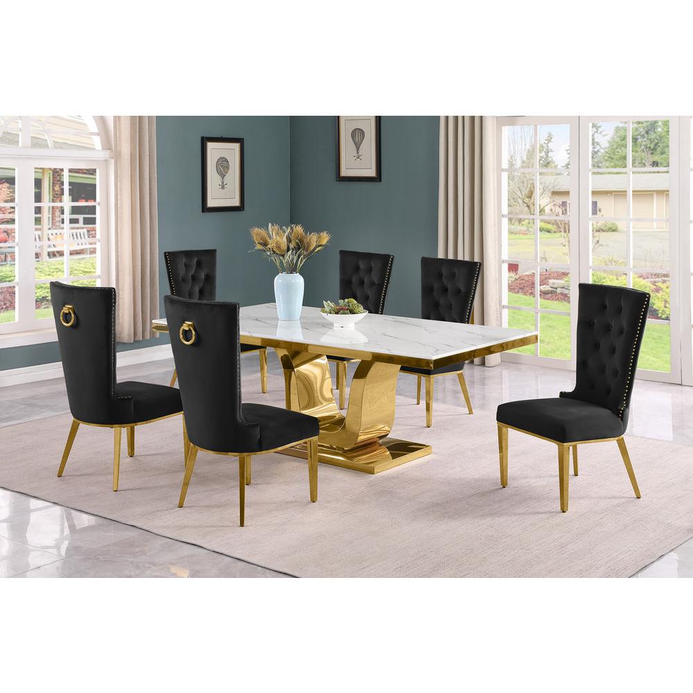 7pc Large(76") marble top dining set with gold base and 6 Black side chairs