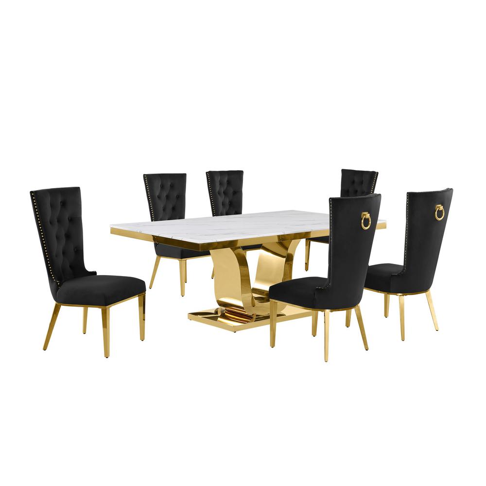 7pc Large(76") marble top dining set with gold base and 6 Black side chairs