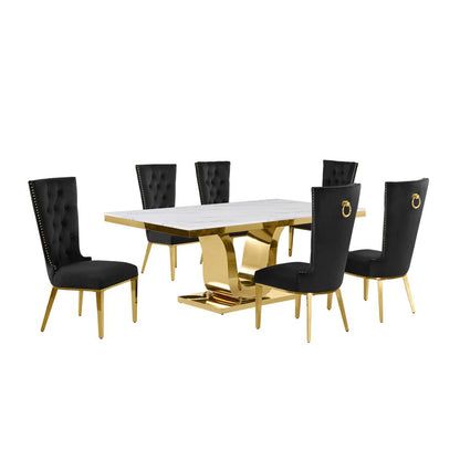 7pc Large(76") marble top dining set with gold base and 6 Black side chairs