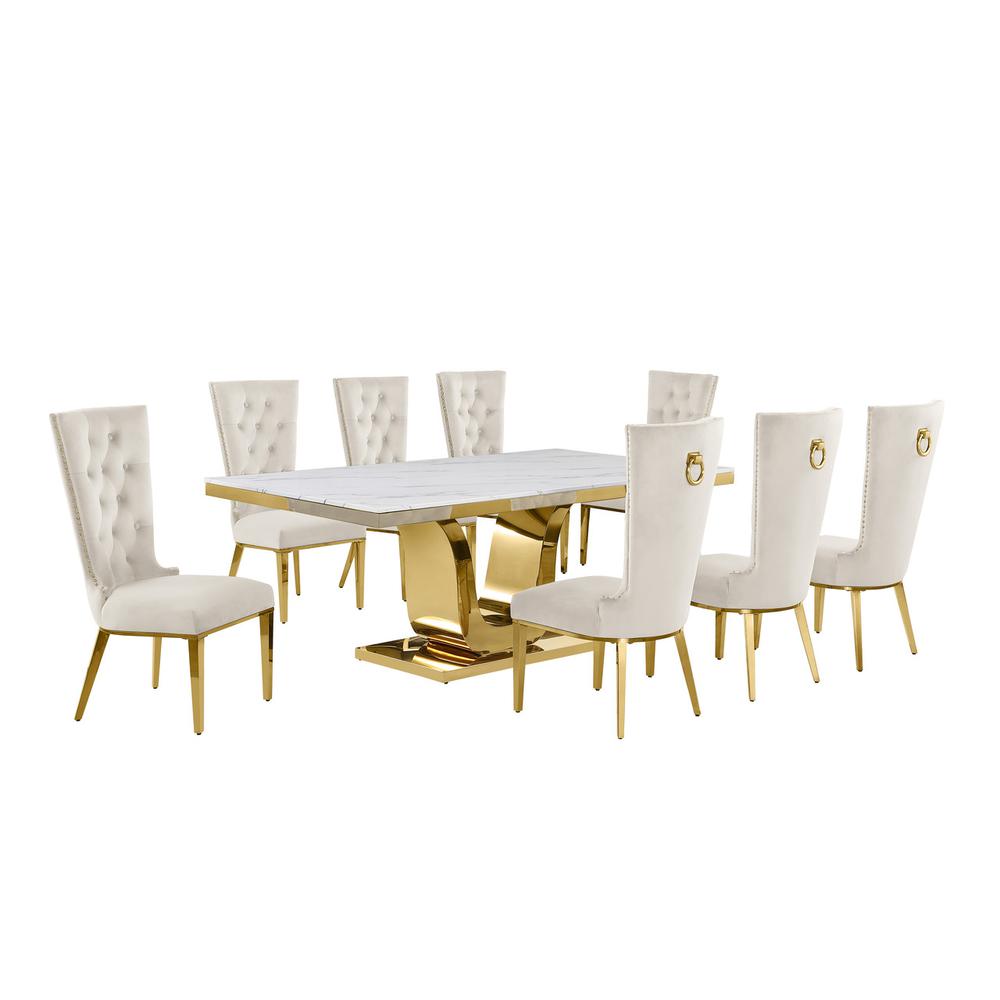 9pc Large(78") marble top dining set with gold base and 8 Cream side chairs