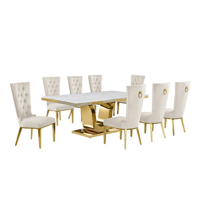 9pc Large(78") marble top dining set with gold base and 8 Cream side chairs