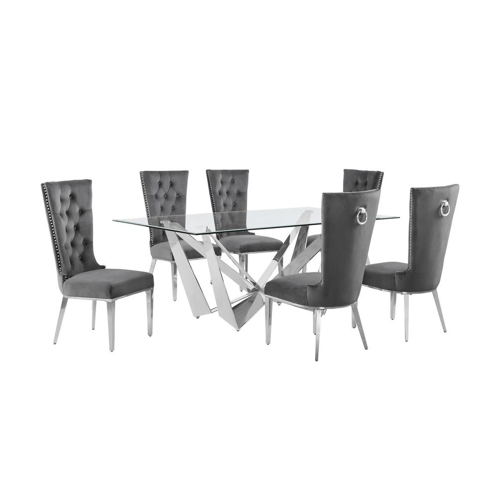 7pc Small(78") glass dining set with silver base and 6 Dark grey side chairs