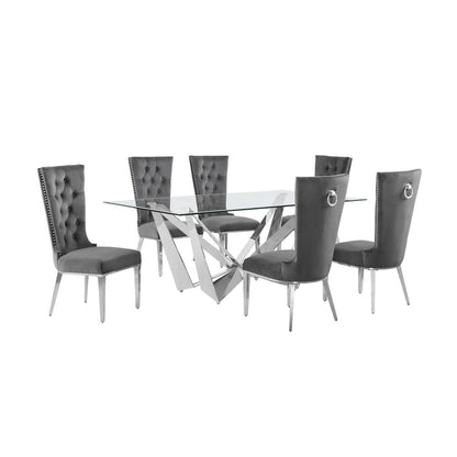 7pc Small(78") glass dining set with silver base and 6 Dark grey side chairs