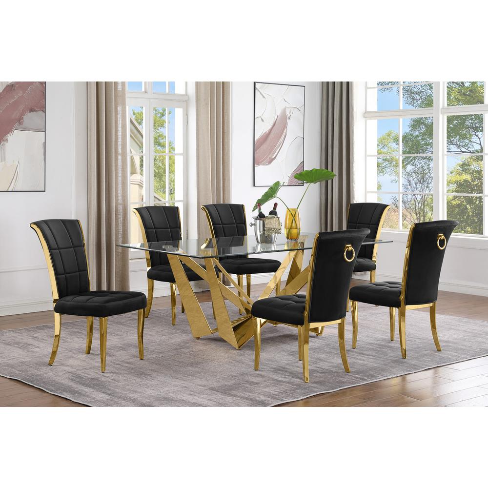 7pc Small(78") glass dining set with gold base and 6 Black side chairs