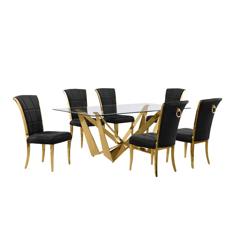7pc Small(78") glass dining set with gold base and 6 Black side chairs