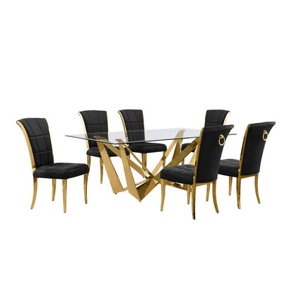7pc Small(78") glass dining set with gold base and 6 Black side chairs