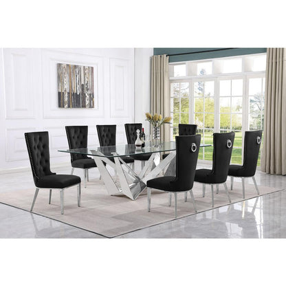 9pc Large(94") glass top dining set with silver base and 8 Black side chairs