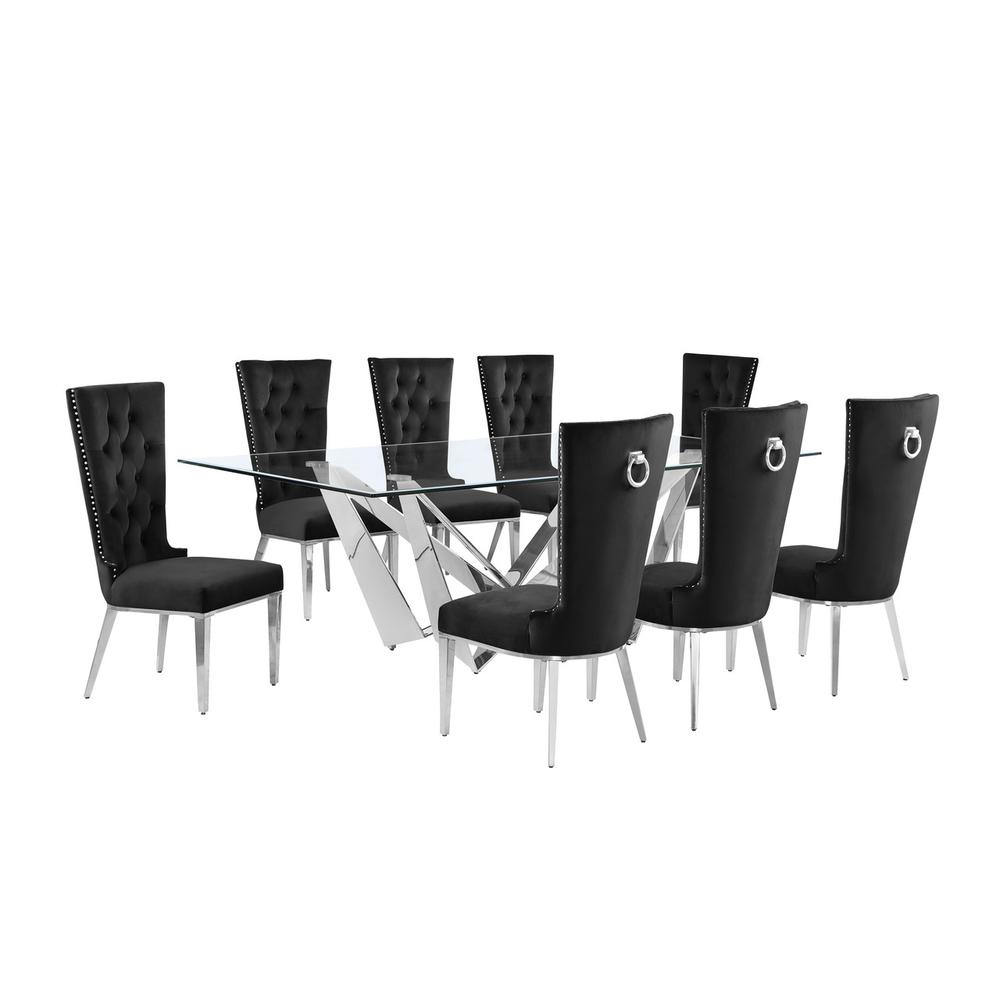 9pc Large(94") glass top dining set with silver base and 8 Black side chairs