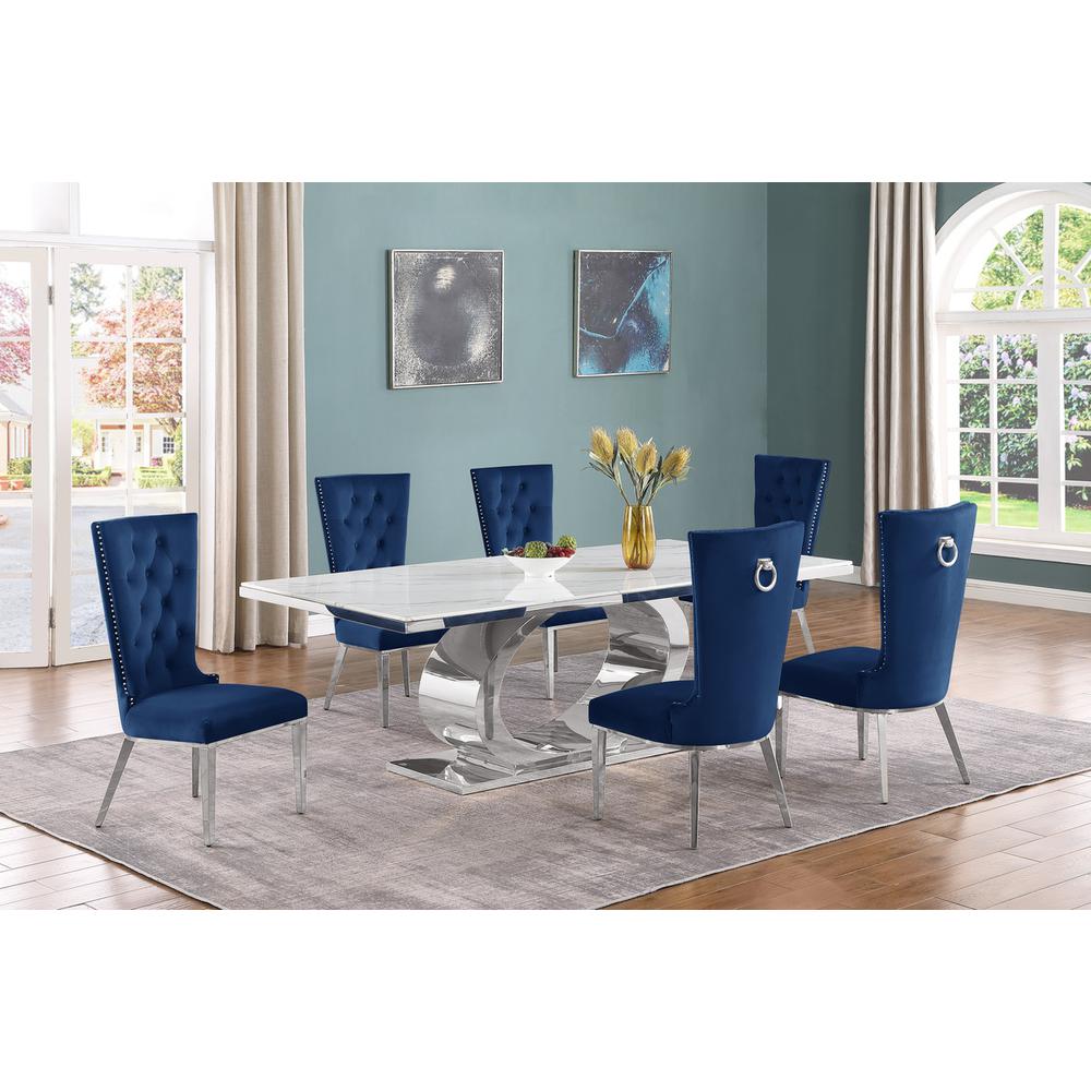 7pc Large(87") marble top dining set with silver base and 6 Navy blue chairs