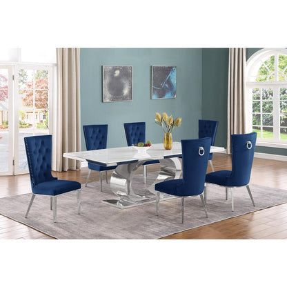 7pc Large(87") marble top dining set with silver base and 6 Navy blue chairs