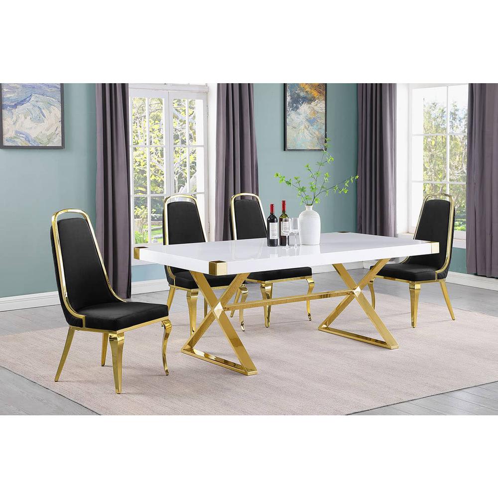 5pc Small(78") white wood top dining set with gold base and 4 Black side chairs