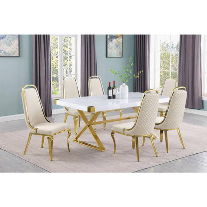 7pc Small(78") white wood top dining set with gold base and 6 Cream side chairs
