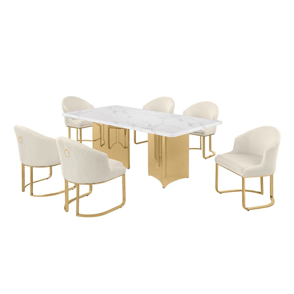 7pc Rectangular Dining Table Gold Base Set with White Marble Top and Chairs
