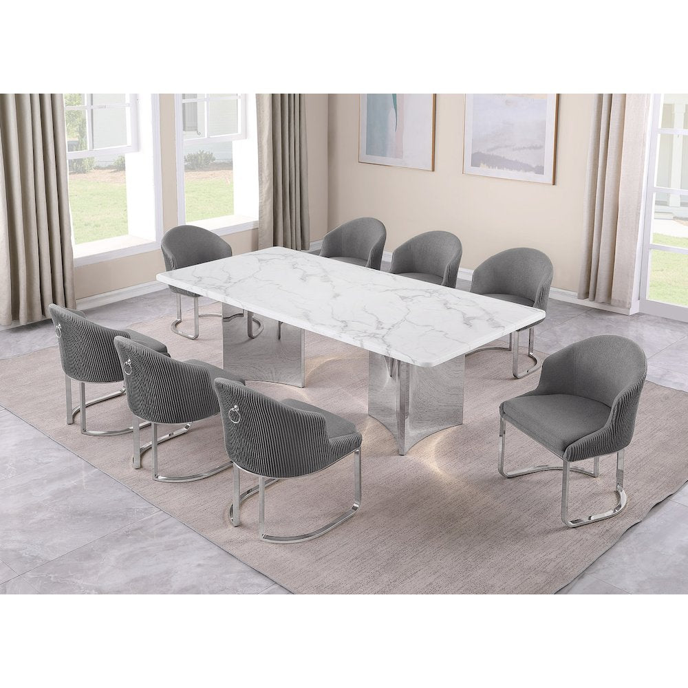 9pc Rectangular Dining Table Set with White Marble Top and Dark Gray Chairs