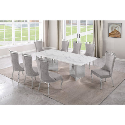 9pc Rectangular Dining Table Set with White Marble Top and Rich Gray Chairs