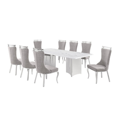 9pc Rectangular Dining Table Set with White Marble Top and Rich Gray Chairs