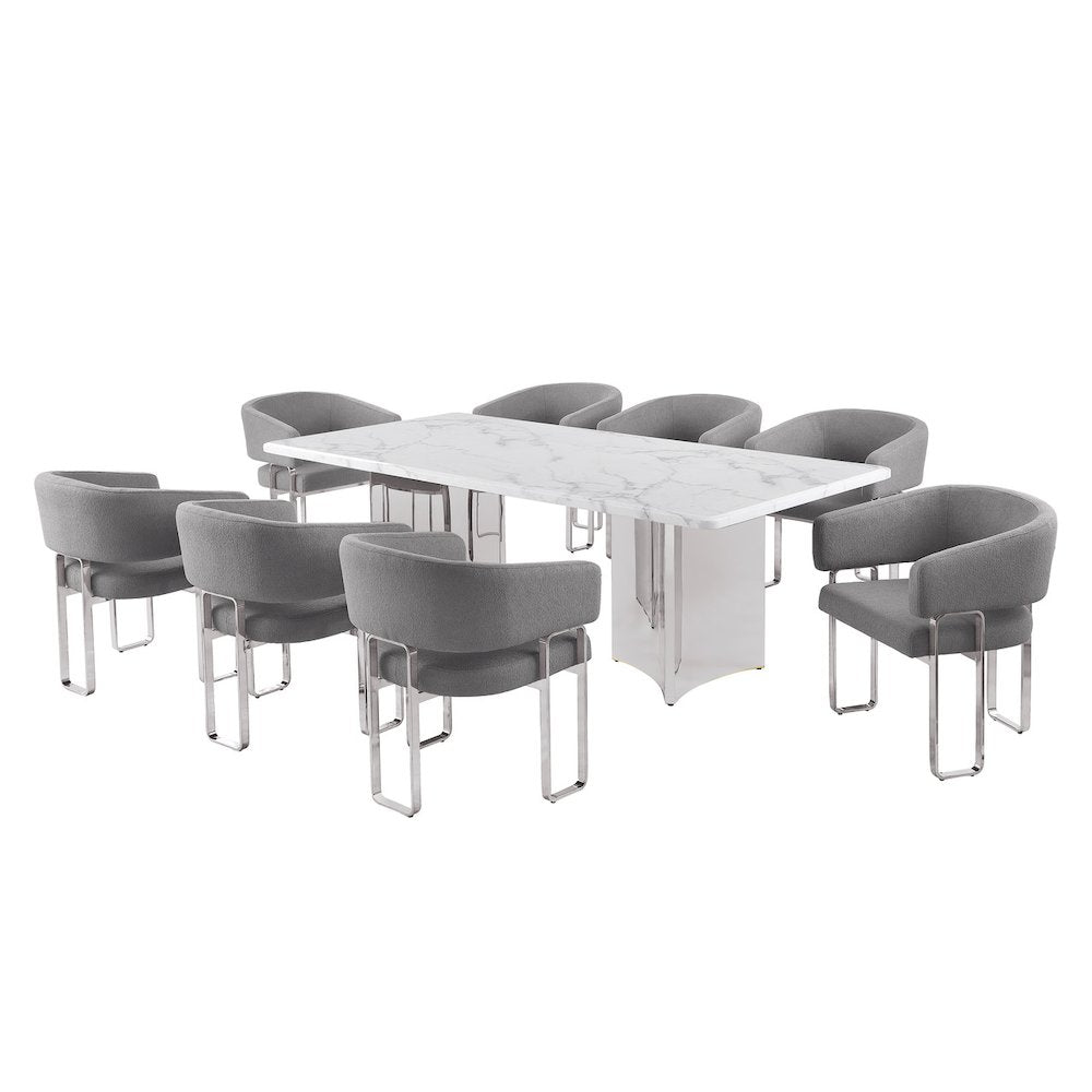 9pc Rectangular Dining Table Set with White Marble Top and Dark Gray Chairs