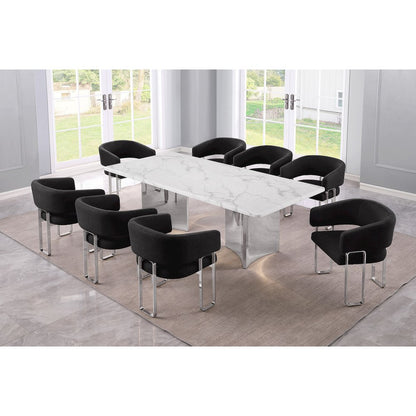 9pc Rectangular Dining Table Set with White Marble Top and Black Chairs