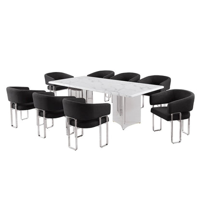 9pc Rectangular Dining Table Set with White Marble Top and Black Chairs