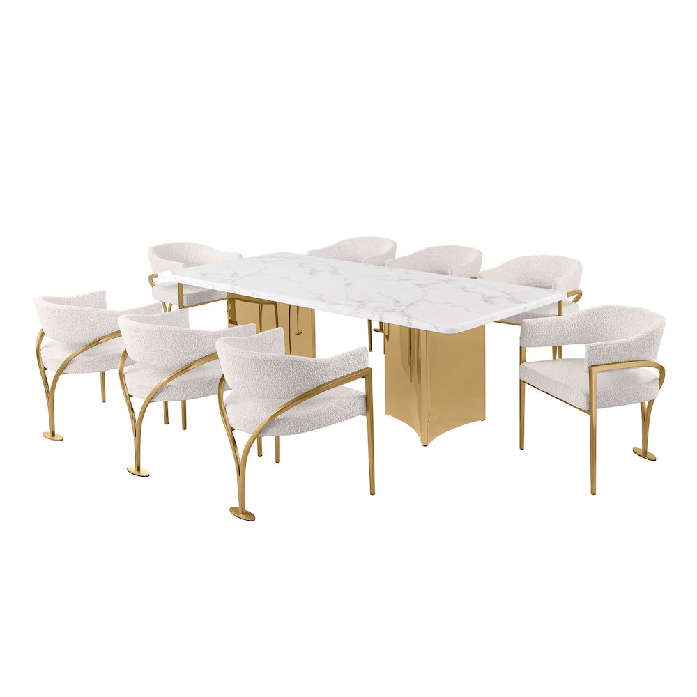 9pc 38mm Marble Top Dining Set Cream Chiars Gold Base