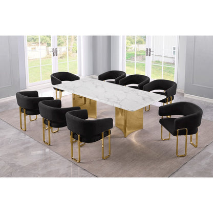9pc Rectangular Dining Table Set with White Marble Top and Black Chairs