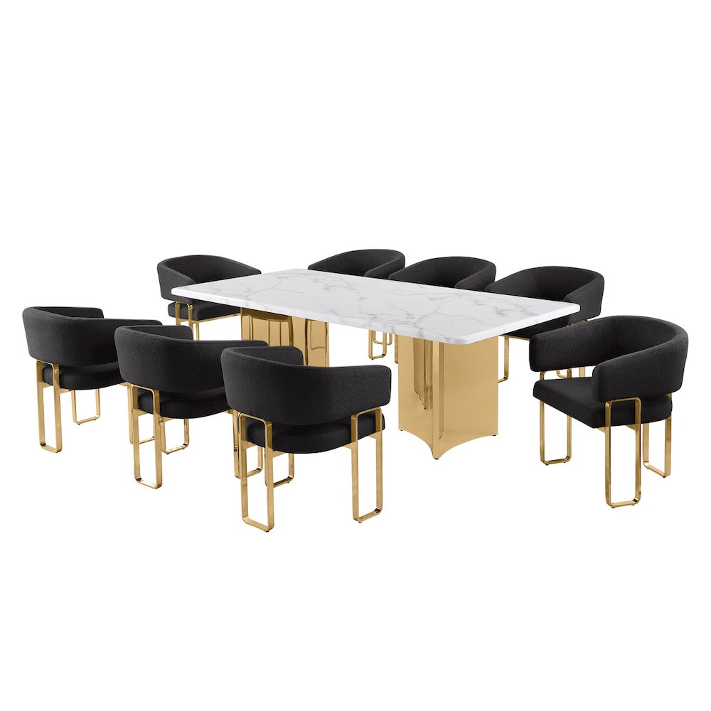 9pc Rectangular Dining Table Set with White Marble Top and Black Chairs