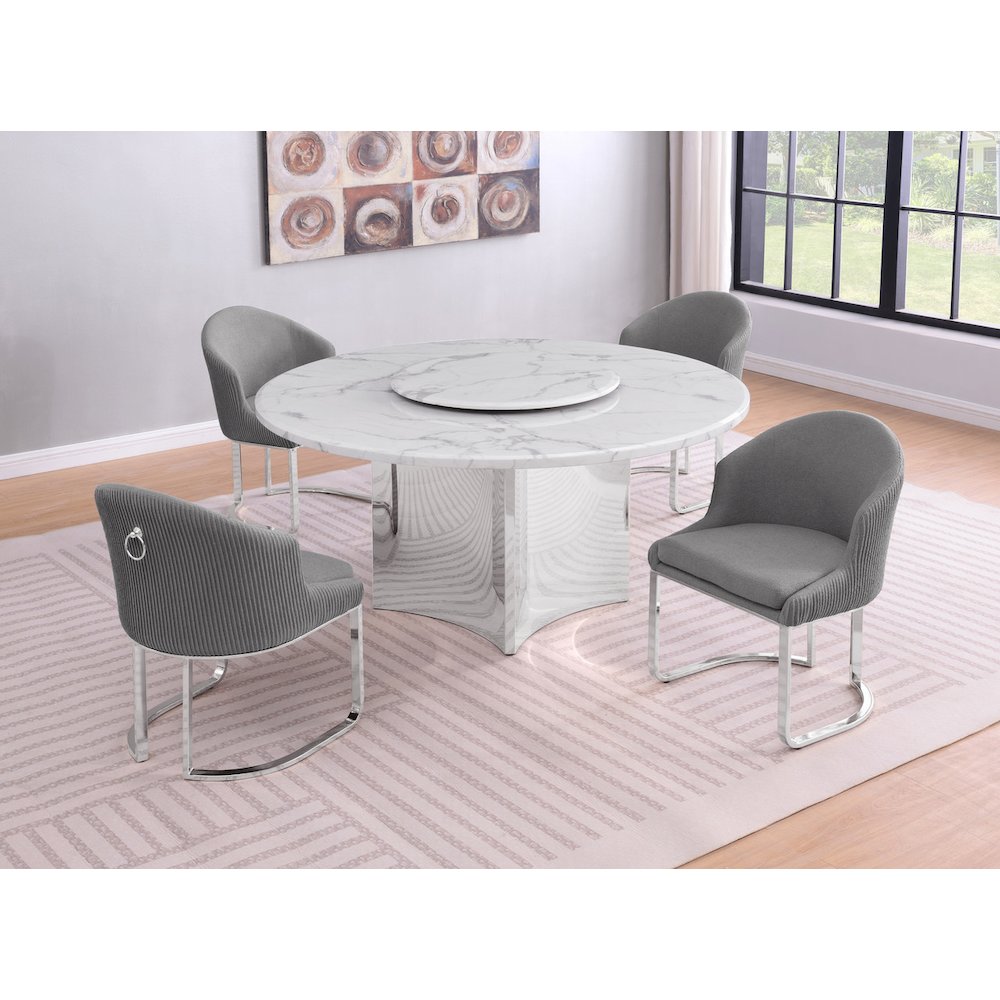 5pc Circle Marble Top With Lazy Susan and 4 Rich Gray Chairs with Silver Base