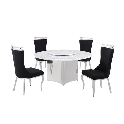 5pc Circle Marble Top With Lazy Susan and 4 Black with Silver Chairs