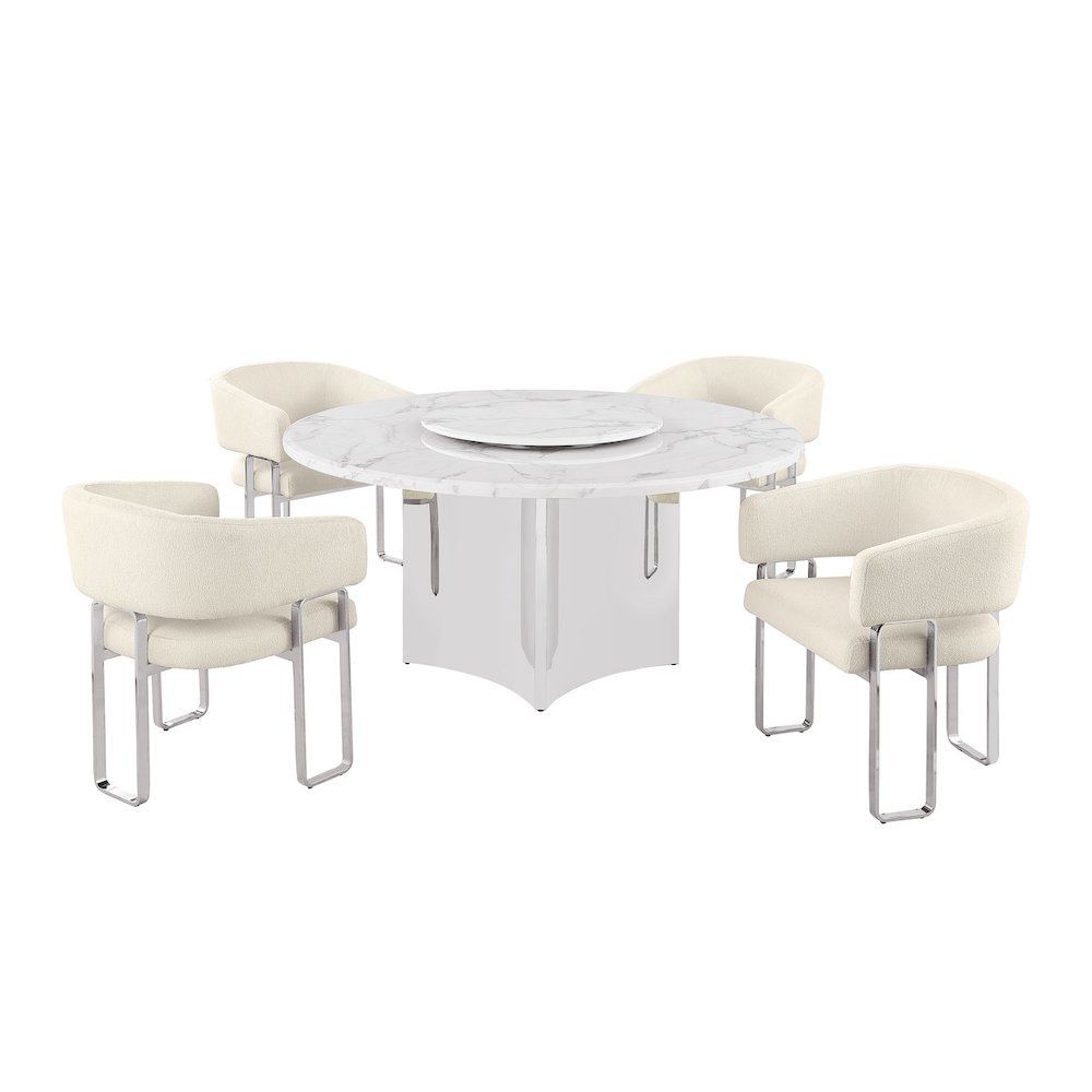 5pc Circle Marble Top With Lazy Susan and 4 Cream Tri-Leg Desing Base