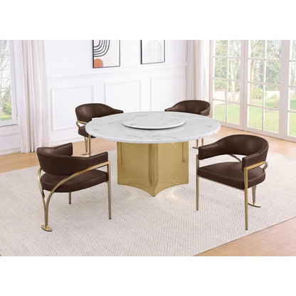 5pc Circle Marble Top Gold Base With Lazy Susan and 4 Espresso Chairs