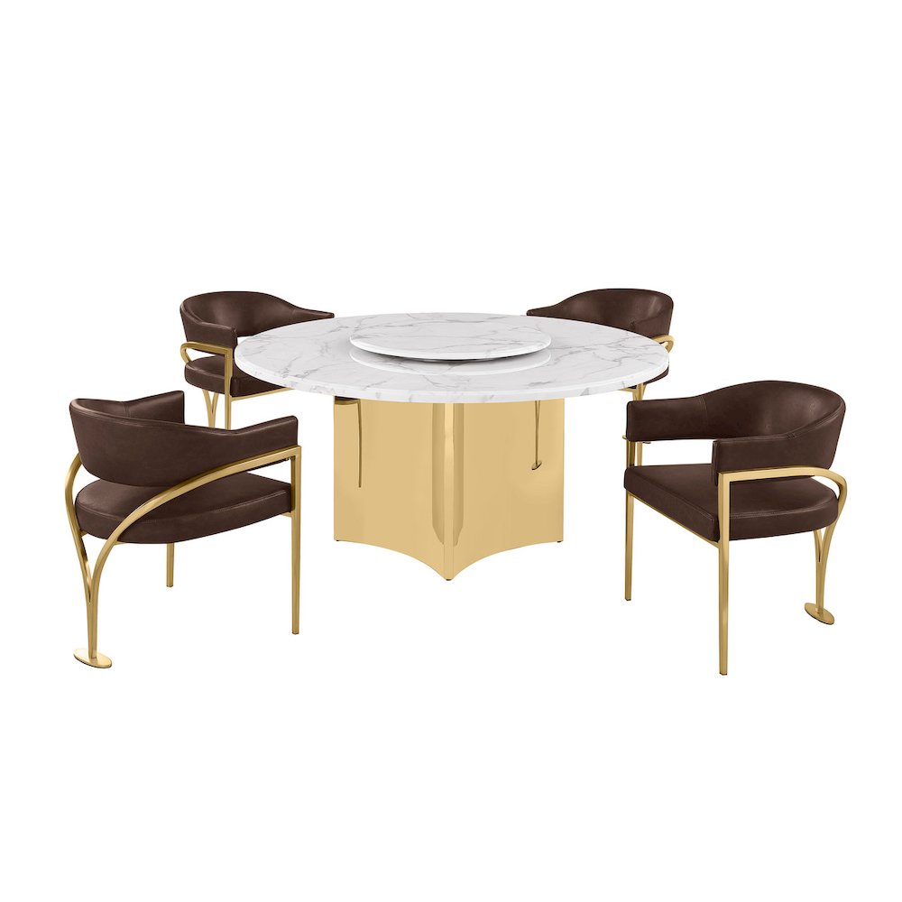 5pc Circle Marble Top Gold Base With Lazy Susan and 4 Espresso Chairs