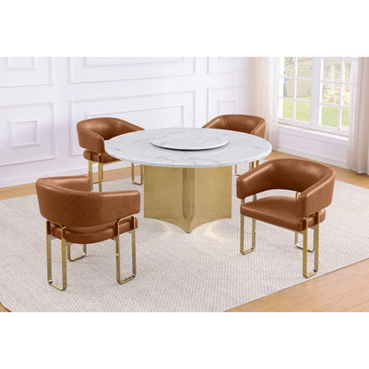 5pc Circle Marble Top With Lazy Susan and 4 Toffee Leatheraire Tri-Leg Chair