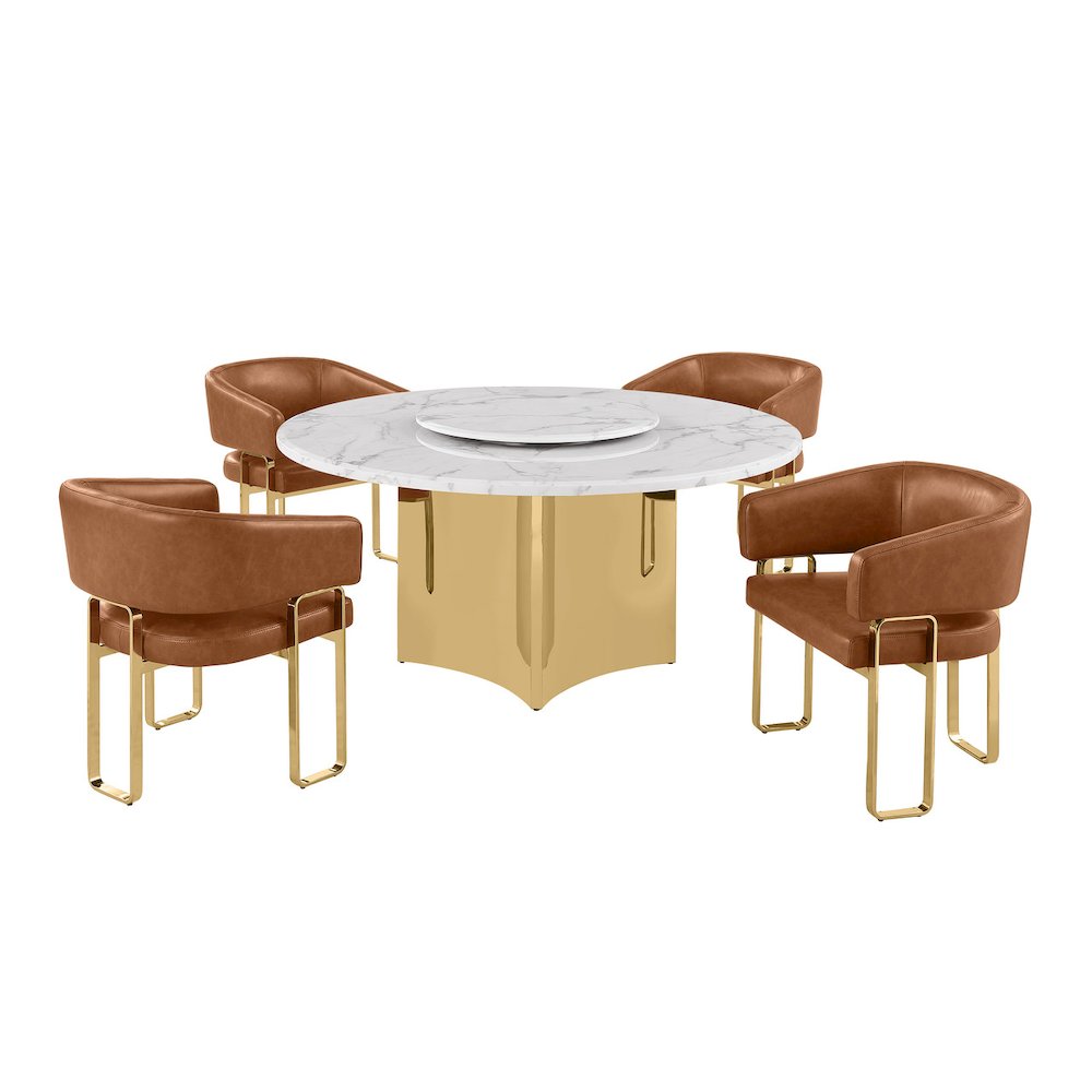 5pc Circle Marble Top With Lazy Susan and 4 Toffee Leatheraire Tri-Leg Chair