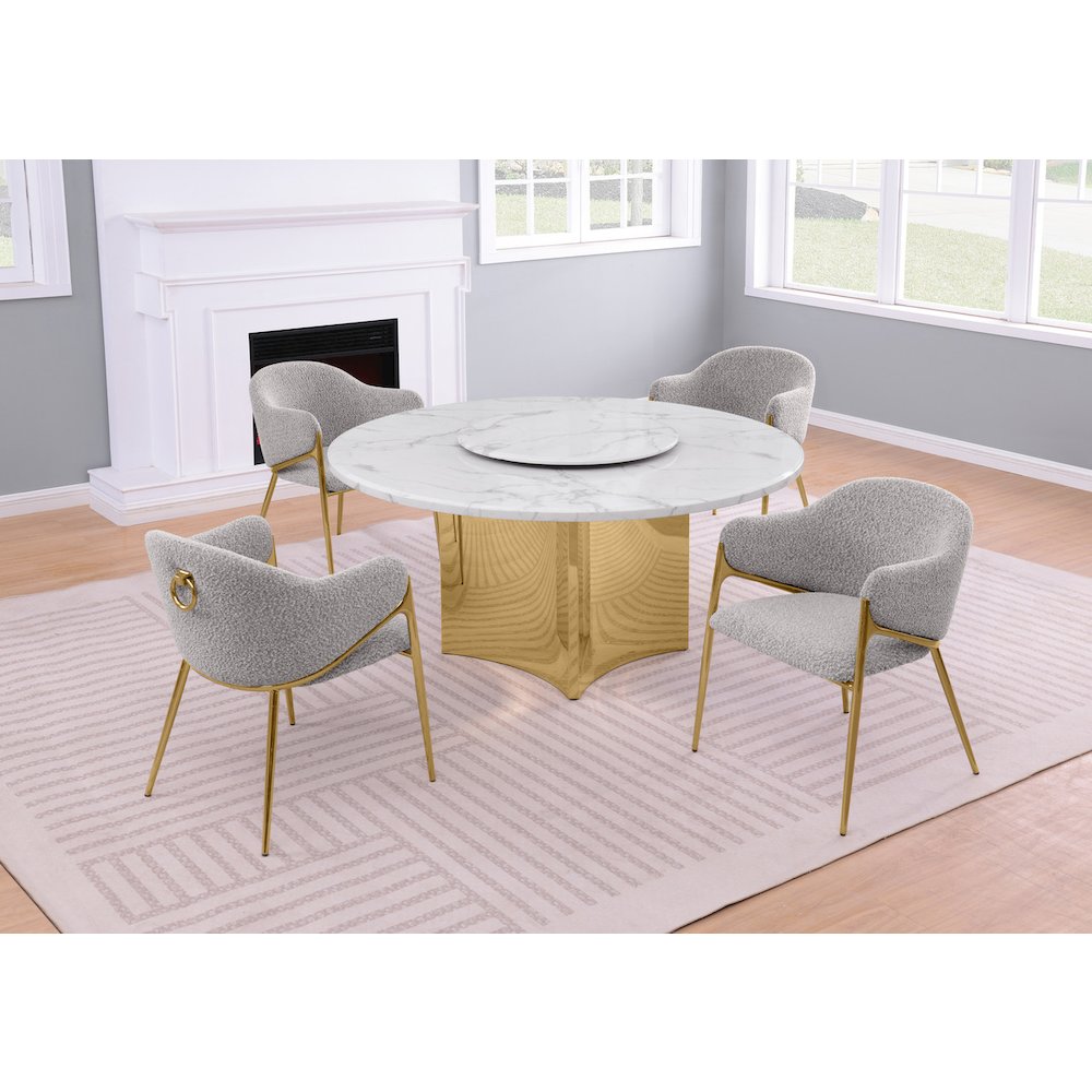 5pc Circle Marble Top With Lazy Susan and 4 Rich Gray Chairs with Gold Base
