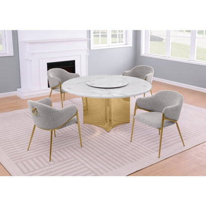 5pc Circle Marble Top With Lazy Susan and 4 Rich Gray Chairs with Gold Base