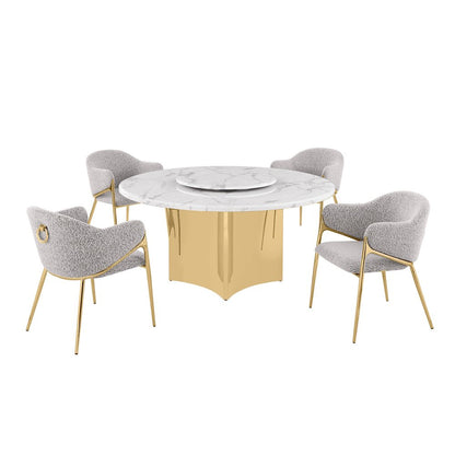 5pc Circle Marble Top With Lazy Susan and 4 Rich Gray Chairs with Gold Base