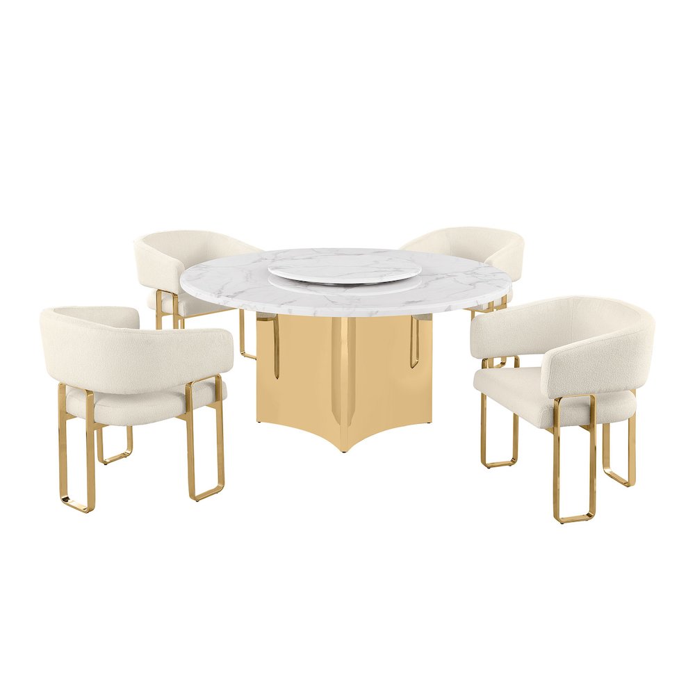 5pc Circle Marble Top With Lazy Susan and 4 Cream Tri-Leg Desing Gold Base