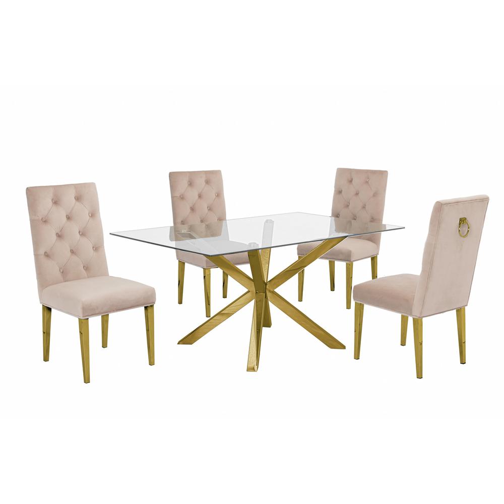 Contemporary 5pc Dining Set, Glass Dining Table w/Stainless Steel Gold Base & Velvet Tufted Chrome Leg Dining Chairs, Beige