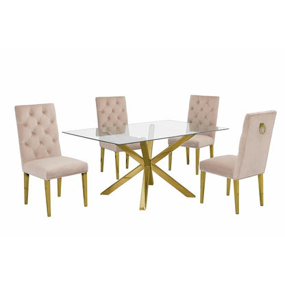 Contemporary 5pc Dining Set, Glass Dining Table w/Stainless Steel Gold Base & Velvet Tufted Chrome Leg Dining Chairs, Beige