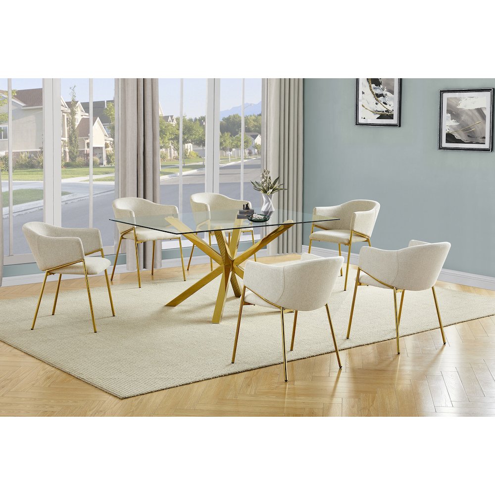 7Pc Rectangle Tempered Glass Dining Table With 6 Beige Side Chairs